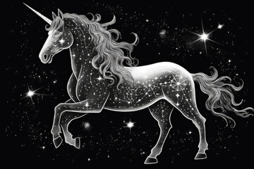 Sparkling Unicorn Majestic Unicorn Surrounded By Twinkling Stars On A Black Background. Generative AI