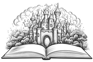 Coloring Book Black Outline, Fairy Tale Book Open Book With Fairy Tale Scenes And Characters. Generative AI