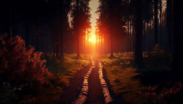 Beautiful sunset in the forest with a path leading to the sun, Ai generated image