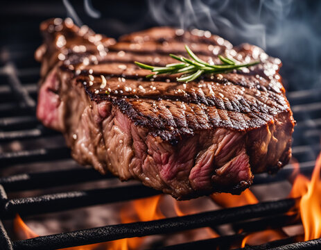 Steak On The Grill With A Sprig Of Rosemary.