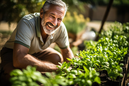 Senior Italian man gardening in his backyard  photo with empty space for text 