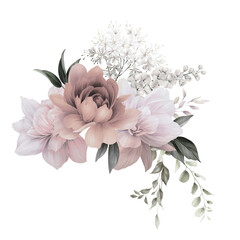 Bouquet of flowers and greenery, can be used as greeting card, invitation card for wedding, birthday and other holiday and summer background. Watercolor illustration