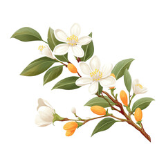 Isolated orange tree branch with white flowers, buds, and leaves. Neroli blossom. Citrus bloom.