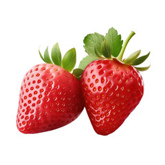 Isolated strawberries, both whole and half with leaves.