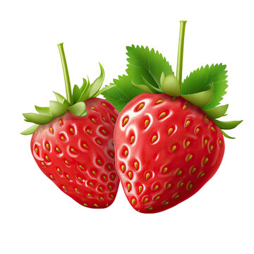 Isolated strawberries, both whole and half with leaves.