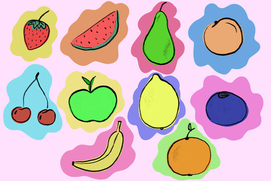 A set of hand drawn fruits isolated on background. Unique style, good for projects.