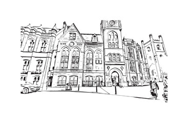 Building view with landmark of Reading is the 
town in England. Hand drawn sketch illustration in vector.