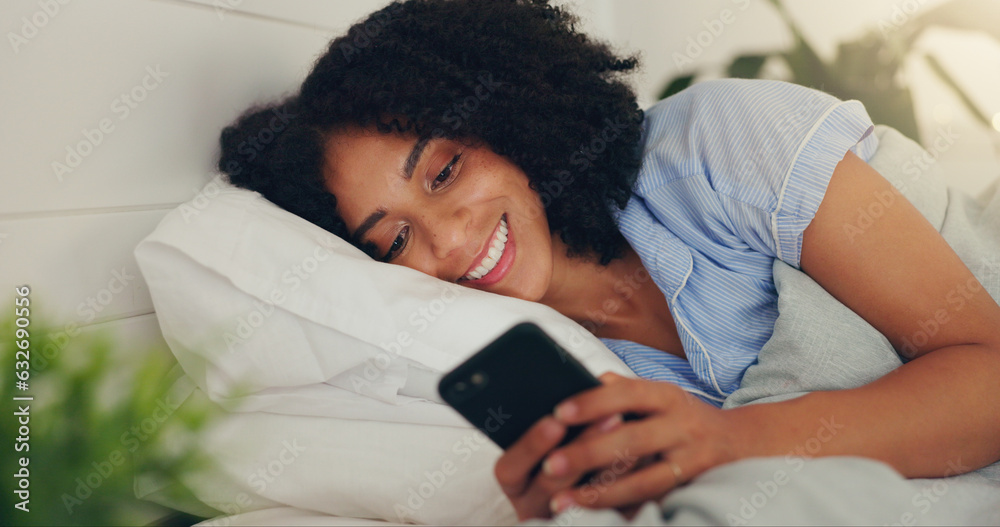 Aufkleber phone text, happy woman and bed of a young female texting on a social media app in the morning. wifi