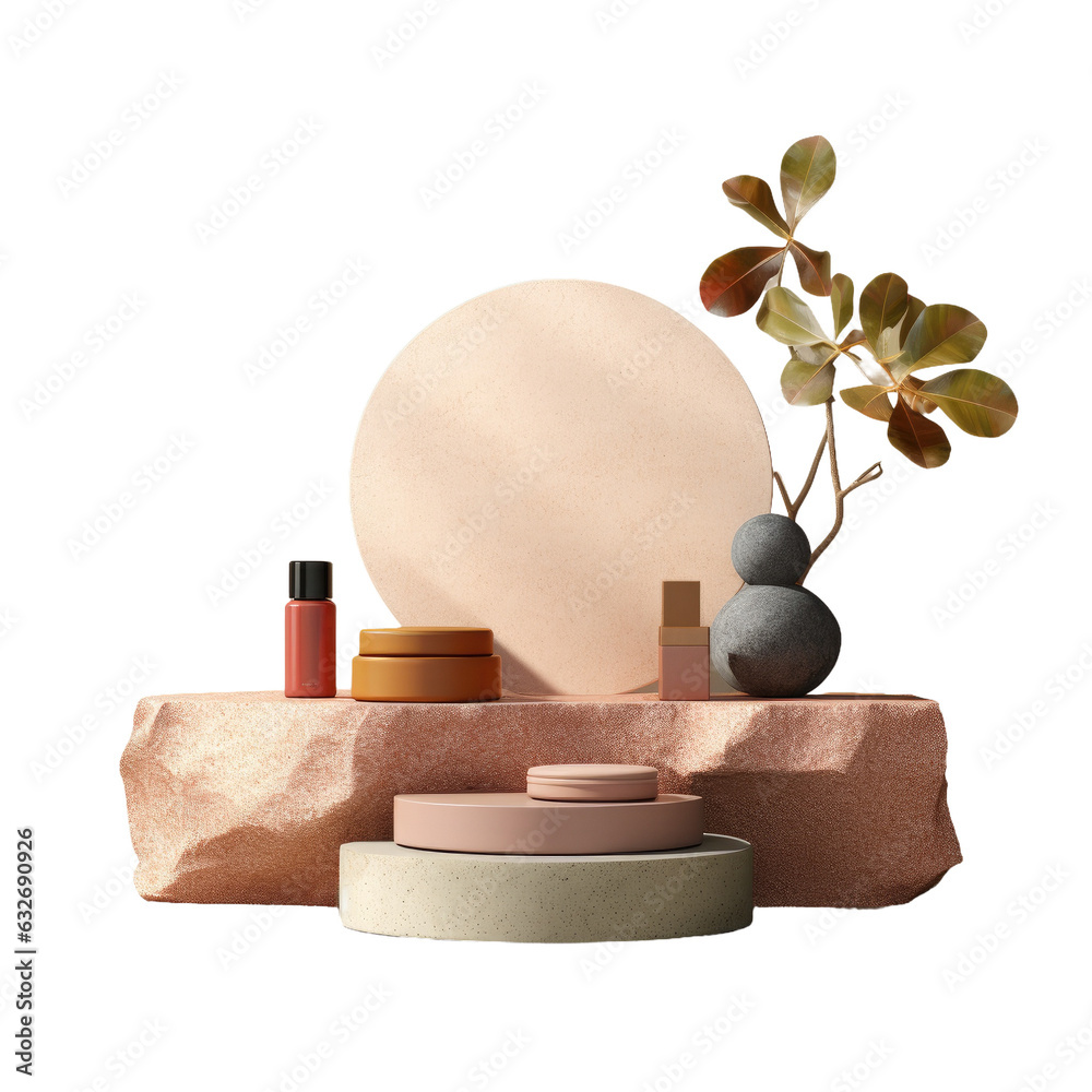 Poster Stones podium for packaging cosmetics with product display on white concrete texture, sunshade pedestal. Realistic rendering.