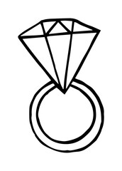 Diamond engagement ring doodle style. Hand drawn vector monochrome linear isolated illustration.