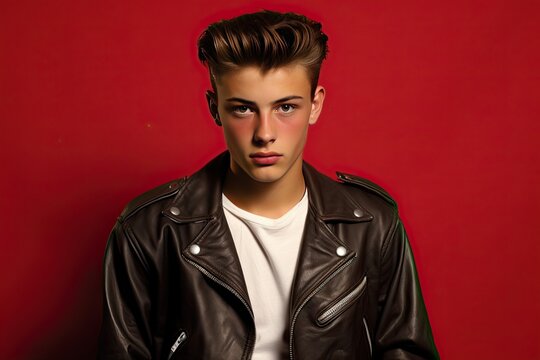 1950s Greaser Teenager on a Red Background with Space for Copy