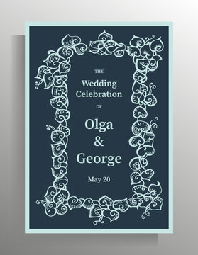 Wedding invitation design. Elegant vector template with decorative hand drawn frame.
