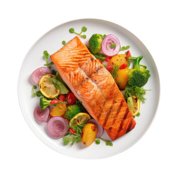 white background, top view of cooked salmon steak with vegetables.