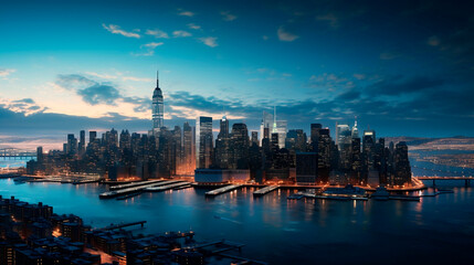 Fototapeta premium New York City Manhattan skyline panorama over Hudson River at sunset.AI Generated
