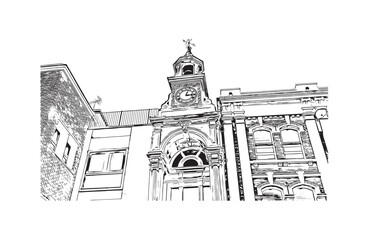 Building view with landmark of Reading is the 
town in England. Hand drawn sketch illustration in vector.