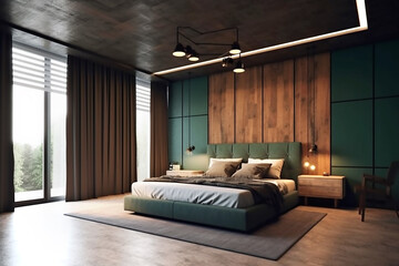 Modern bedroom nterior in brown and green colors. Generative AI