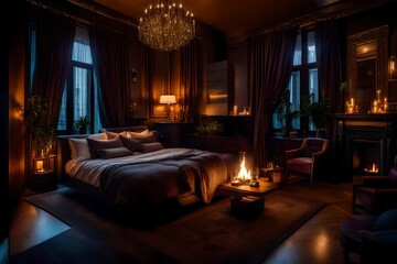 Obraz premium a cozy beautiful bedroom in a bright city at night, warm and cozy, luxury, fireplace, books, bed - AI Genereative