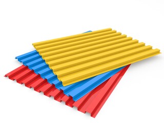 Sheets of metal roofing profile on a white background. 3d render illustration.