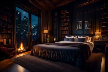 a cozy beautiful bedroom in a bright city at night, warm and cozy, luxury, fireplace, books, bed - AI Genereative