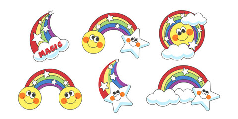 A set of funny emoticons with a multicolored rainbow. Sticker in a children's theme. Flat style. vector illustration.