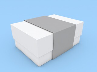 Packaging paper box with ribbon, mockup on blue background. 3d render illustration.