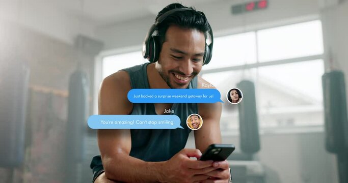 Chat, music or happy man in gym with a phone for social media, digital search or networking. Smile, overlay or Asian male person texting on mobile app for conversation or podcast in fitness training