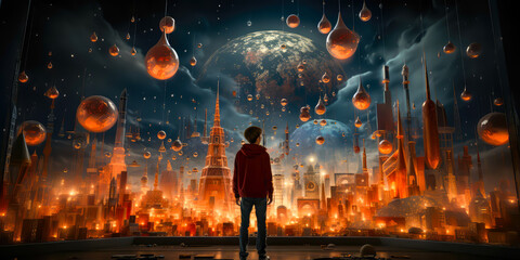 a person looking at a megacity of the future, with a giant orange moon in the background, fantasy, future. - obrazy, fototapety, plakaty