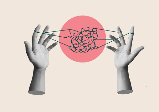mental health, illness, brain development, medical treatment concept, hand-holding puppet strings with a thread of cog, art collage. - Powered by Adobe