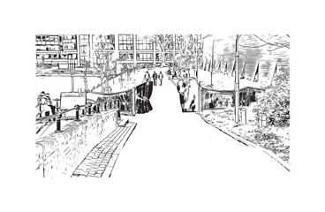 Building view with landmark of Reading is the 
town in England. Hand drawn sketch illustration in vector.