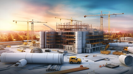 Drawings and design tools on the panorama of the construction site. Construction and design concept.