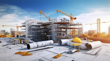 Drawings and design tools on the panorama of the construction site. Construction and design concept.