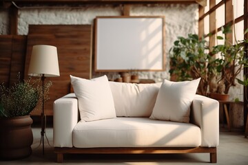 A Minimal White Sofa with White Canvas on Back, Generative Ai
