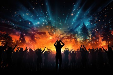 Silhouettes of dancing people with raised hands at concert. Illustration of crowd at music festival with colorful lights against the backdrop of the night forest.