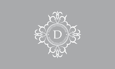 Elegant, classic vector logo with letter D in the center and space for text. Can be used for jewelry, beauty and fashion industries. Suitable for monogram, invitation, card, menu, background.