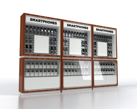 Sitrin cabinets for smartphones in a store with anti-theft equipment. 3d illustration