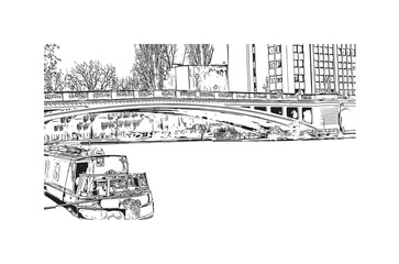 Building view with landmark of Reading is the 
town in England. Hand drawn sketch illustration in vector.