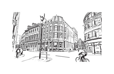 Building view with landmark of Reading is the 
town in England. Hand drawn sketch illustration in vector.