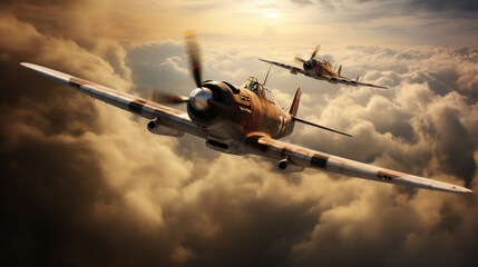 Old-fashioned propeller fighters chase each other in the sky - obrazy, fototapety, plakaty