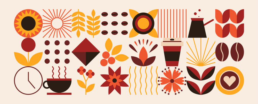 Abstract geometric coffee pattern. Natural organic flower plants shapes, coffee shop menu concept. Vector minimal illustration