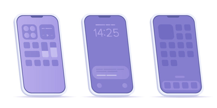 Phone Screens Isometric, Mobile UI UX Mockup. Quick Settings Menu Toolbar, Lockscreen with time and notifications, Home page with app buttons. Device Interface template Flat Vector Illustration EPS 10