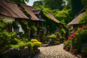 A quaint village with charming cottages and a lush, well-maintained garden in the center - AI Generative