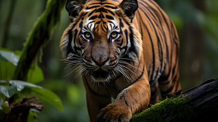 Obraz premium Sumatran tiger standing on a fallen tree in the Indonesian rain-forest. 