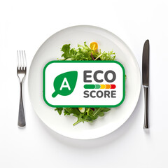 closeup of A logo lettering of eco-score label on plate with salad and cutlery. top view with white background