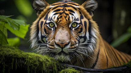 Sumatran tiger standing on a fallen tree in the Indonesian rain-forest. 