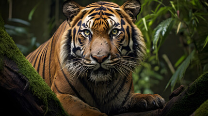 Fototapeta na wymiar Sumatran tiger standing on a fallen tree in the Indonesian rain-forest. 