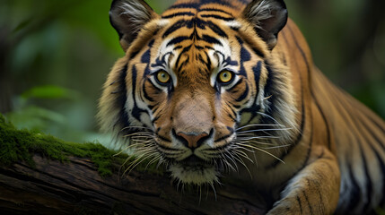 Sumatran tiger standing on a fallen tree in the Indonesian rain-forest. 
