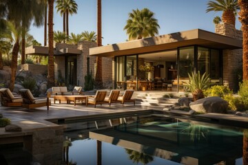 Fototapeta premium Picturesque Palm Springs garden, showcasing majestic olive trees against a backdrop of desert beauty.