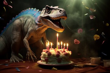 A whimsical scene captures a dinosaur joyfully blowing out candles on a birthday cake, blending fantasy and festivity in playful harmony.