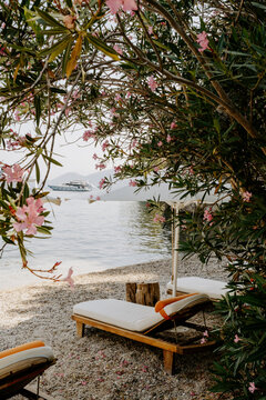 Tranquil beach scene with wooden sun loungers and white parasols lined along a pebbled shore. The turquoise sea, lush green mountains, and anchored yachts create a serene luxury escape in T&uuml;rkiye