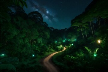 Fototapeta na wymiar A serene path winds through the heart of a lush rainforest under a starlit night sky - AI Generative